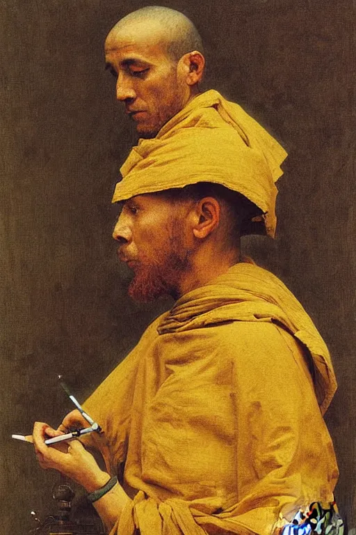 Prompt: robot monk painting a self - portrait on a canvas. intricate, highly detailed, photorealistic, film still, by ilya repin.