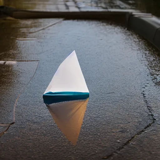 Prompt: long shot, of paper sailboat floating in a puddle near the sewer drain, 4k, HD Photography