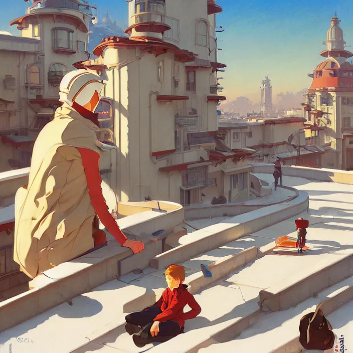 Image similar to californian city, winter, in the style of studio ghibli, j. c. leyendecker, greg rutkowski, artem