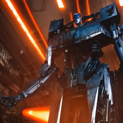 Image similar to closeup of mecha with surface of knives and forks, dark messy smoke - filled cluttered workshop, dark, dramatic lighting, orange tint, cinematic, highly detailed, sci - fi, futuristic, movie still from blade runner