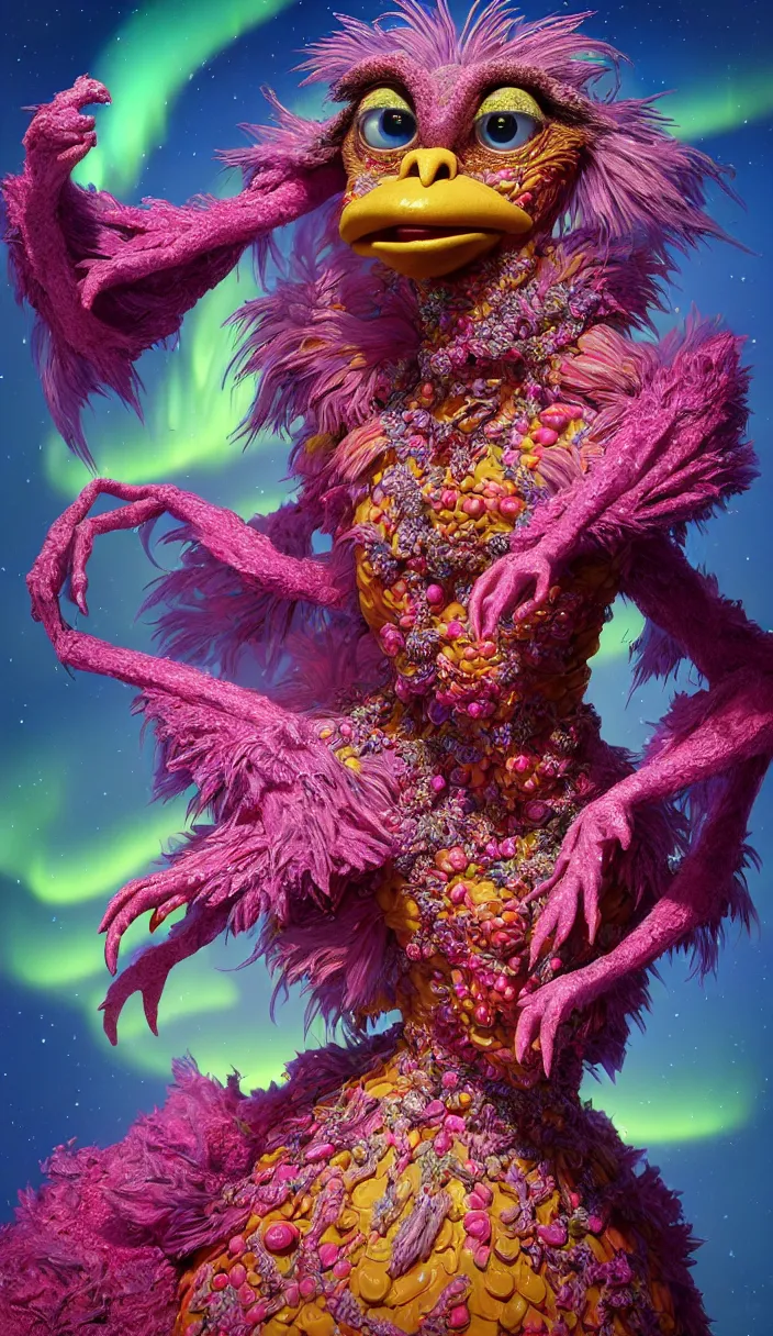 Image similar to hyper detailed 3d render like a Oil painting - kawaii portrait of one Aurora (a beautiful skeksis muppet fae queen from dark crystal that looks like Anya Taylor-Joy) seen red carpet photoshoot in UVIVF posing in scaly dress to Eat of the Strangling network of yellowcake aerochrome and milky Fruit and His delicate Hands hold of gossamer polyp blossoms bring iridescent fungal flowers whose spores black the foolish stars by Jacek Yerka, Ilya Kuvshinov, Mariusz Lewandowski, Houdini algorithmic generative render, Abstract brush strokes, Masterpiece, Edward Hopper and James Gilleard, Zdzislaw Beksinski, Mark Ryden, Wolfgang Lettl, hints of Yayoi Kasuma and Dr. Seuss, octane render, 8k