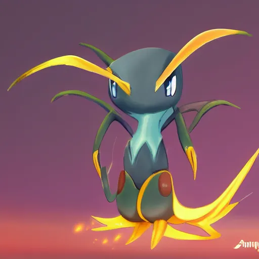 Image similar to A pokemon that looks like The flying Trypoxylus dichotomus,Trending on art station. Unreal engine.