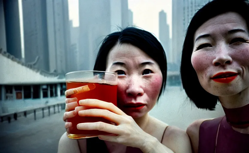 Prompt: cinestill 5 0 d candid photographic portrait by helen levitt of a two android women sharing a drink in futuristic china, extreme closeup, modern cyberpunk, minimalism, dust storm, 8 k, hd, high resolution, 3 5 mm, f / 3 2, ultra realistic faces, intricate detail, ex machina