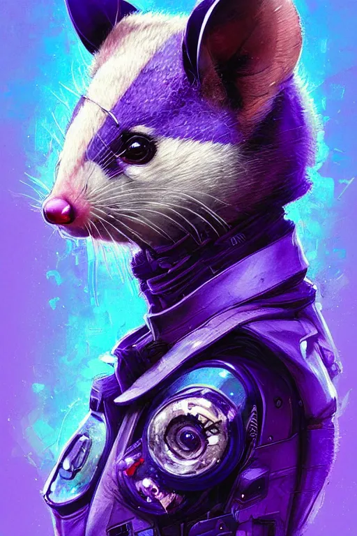 Image similar to a beautiful portrait of a cute cyberpunk opossum by sandra chevrier and greg rutkowski and wlop, purple blue color scheme, high key lighting, volumetric light, digital art, highly detailed, fine detail, intricate, ornate, complex, octane render, unreal engine, photorealistic