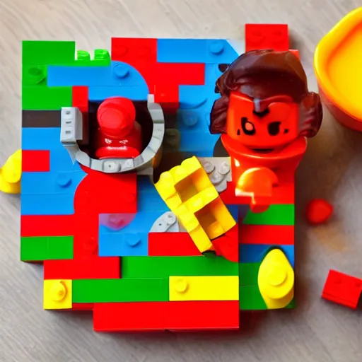 Image similar to a happy meal made from lego bricks