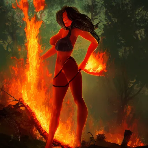 Image similar to Hot fire giantess, flaming skin, rampaging, stormy background, forest fire, breathing fire, fire in hand, concept art, artstation, 4k