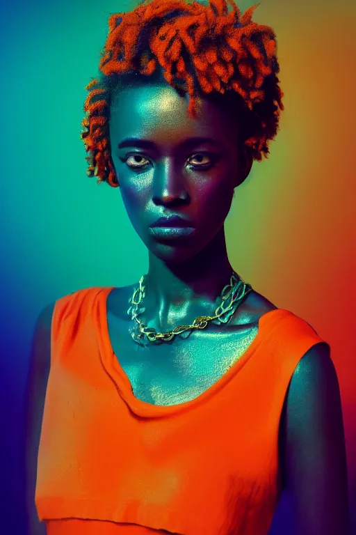 Prompt: insanely moody vaporwave portrait of a gorgeous african beauty, motion blurred background, teal and orange colors, vaporwave, photorealism, cinema still, photography, porcelain skin, smooth, volumetric studio lighting, portrait photography, award winning photography, vray render, insane details, 8 k high definition, artstation