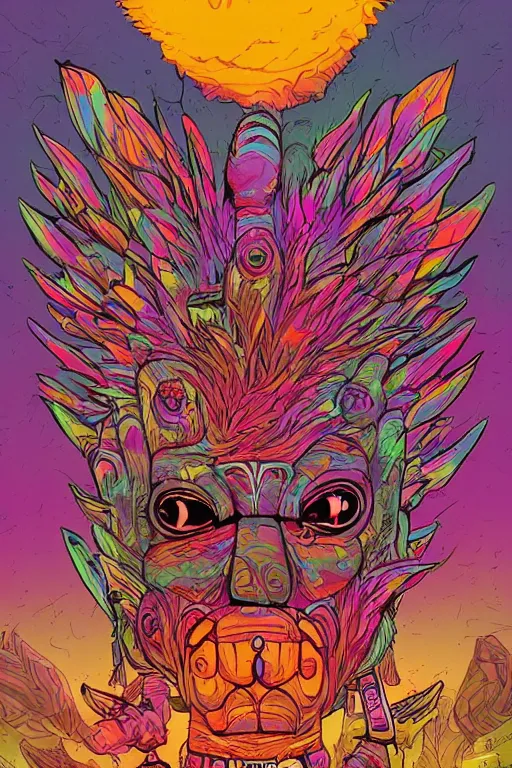 Image similar to animal mask totem roots tribal feather gemstone plant wood rock shaman vodoo video game vector illustration vivid multicolor borderlands comics by josan gonzales and dan mumford radiating a glowing aura