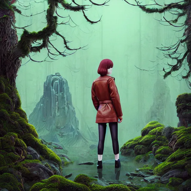 Prompt: portrait of alone androgynous girl wearing bakelite leather jacket, bakelite rocky mountains, moss green japanese haunted forest background, ultrafine hyperdetailed illustration by hsiao - ron cheng and artgerm, modular synthesizer 8 0 s sony stereo helmet backpack, the grand budapest hotel, glow, no crop, digital art, artstation, pop art