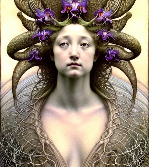 Image similar to beautiful young orchid fairy detailed realistic porcelain face portrait by jean delville, gustave dore, iris van herpen and marco mazzoni, art forms of nature by ernst haeckel, art nouveau, symbolist, visionary, gothic, neo - gothic, pre - raphaelite, fractal lace, intricate alien botanical biodiversity, surreality, hyperdetailed ultrasharp octane render