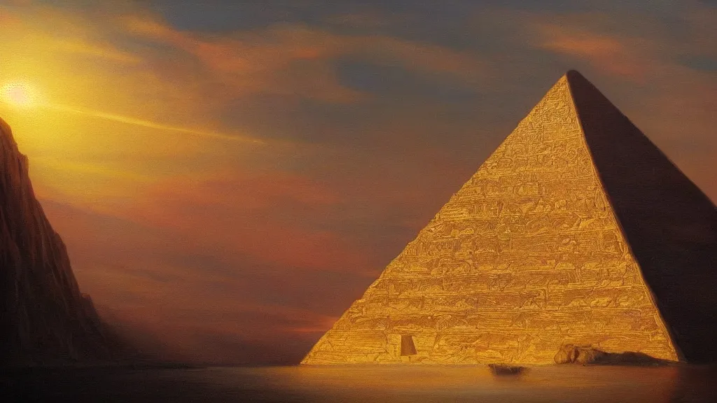 Prompt: Trending on artstation, beautiful pyramid with golden tip illuminated by the sunset, detailed matte painting, oil on canvas, chiaroscuro