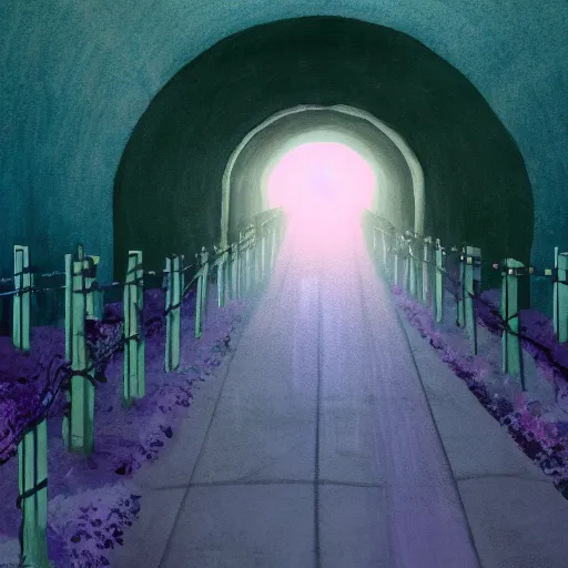 Image similar to a christian cross as the light is shining at the end of the tunnel, paradise outside of the tunnel, with pale purple and pale pink lighting, cute, aesthetic, anime, dark tunnel, with a few vines and overgrowth, studio ghibli, cinematic, painting, high definition, digital art, symmetrical, very detailed, extremely high detail, photo realistic, concept art, unreal engine 5,