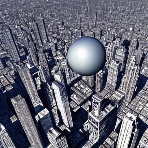 Prompt: isometric view of giant half sphere that is a chunk of a New York neighborhood, floating in the sky, pipes and underground subway station on lower part of the sphere, 3d rendering, f8 aperture