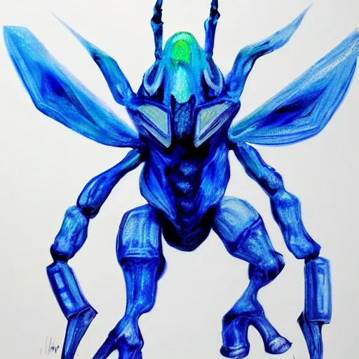 Prompt: rough painting of a blue insectile monster in acrylic paint, broad brush strokes, phantasy star online, white background, pencil sketch lines