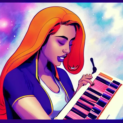 Image similar to a beautiful woman enjoing music by marvel comics, digital art, trending on artstation