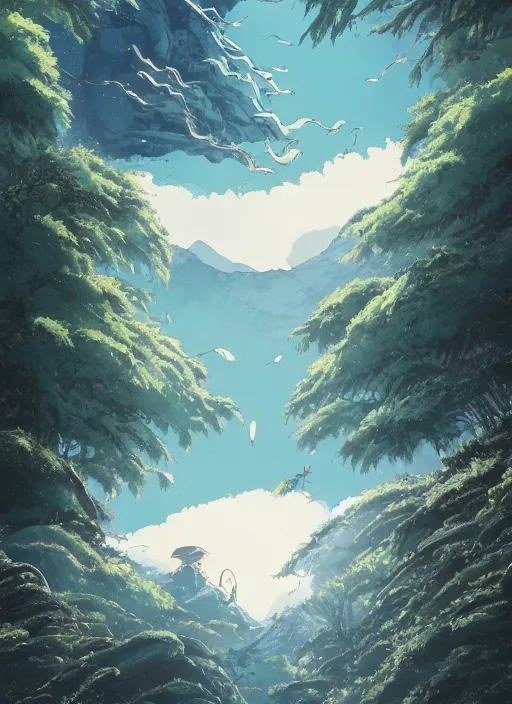 Image similar to the flim poster of a magical place around mountains and river, white spirit flying around the sky, miyazaki's animated film, ghibli studio, princess mononoke, 4 k, highly detailed, horizon view, cinematic composition, hyperdetailed,