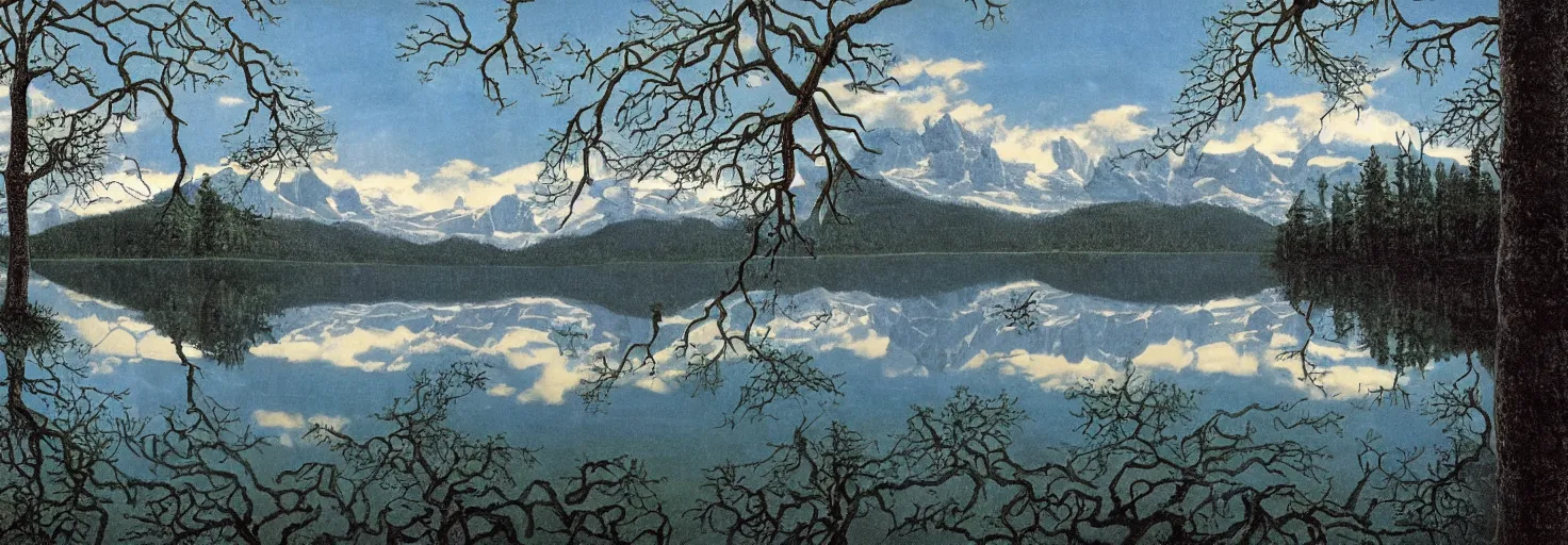 Image similar to escher painting of a lake, big trees reflecting on lake surface, mountains at background, snowy, ultra sharp, ultra detailed, colorized by salvador