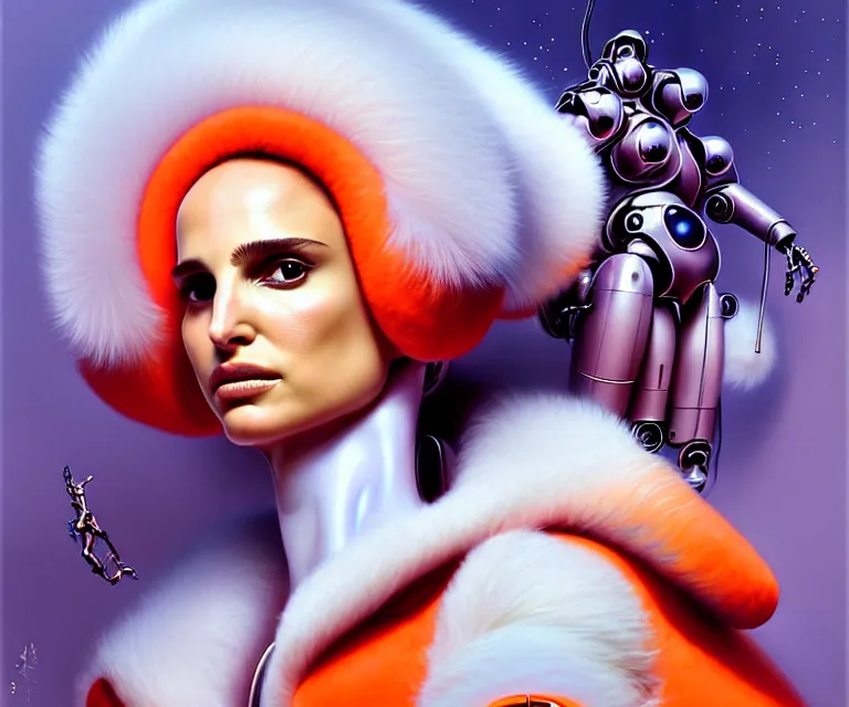 Image similar to beautiful fantasy character portrait, natalie portman, wearing orange puffy bomber jacket with white fur, seductive reclining pose, futuristic robots, ultra realistic, dramatic lighting, robots, the fifth element artifacts, highly detailed by peter mohrbacher, hajime sorayama, wayne barlowe, boris vallejo, aaron horkey, gaston bussiere, craig mullins