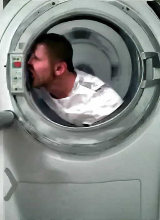 Image similar to man stuck inside a washing machine, bad quality, shaky camera, funny