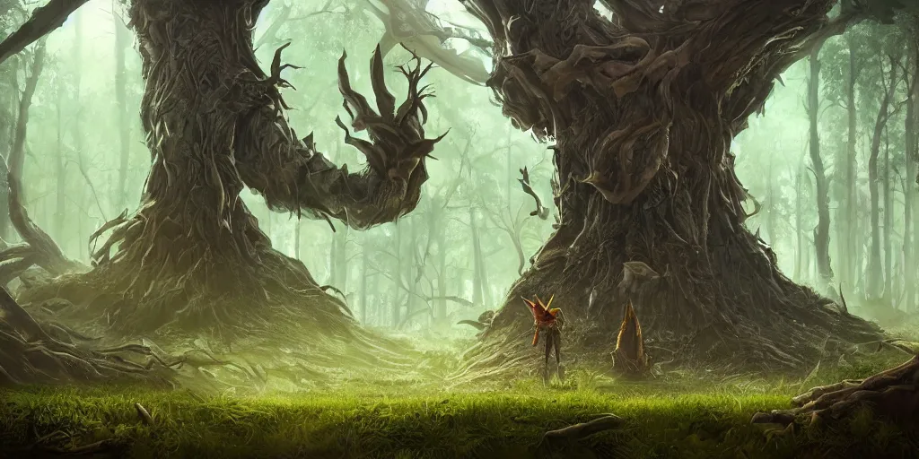 Prompt: an evil creature lurking behind a giant tree in the middle of a strange forest, wlop, concept art, digital painting, trending on artstation, highly detailed, epic composition, 8 k uhd