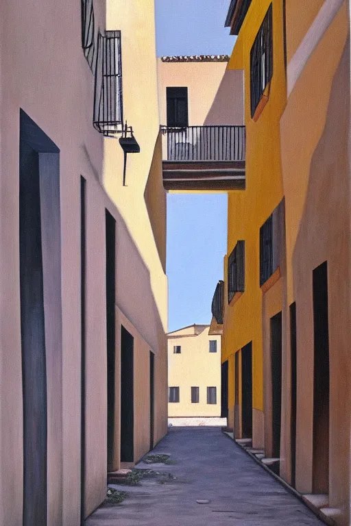 Image similar to deserted street in colonia El Viso, Madrid, realist painting by María Moreno, 1981