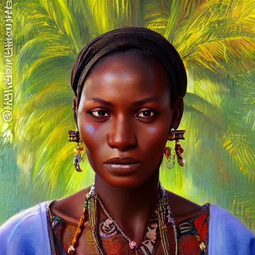 Prompt: portrait of a senegalese woman ( 3 5 ) from senegal, brazil, an oil painting by ross tran and thomas kincade