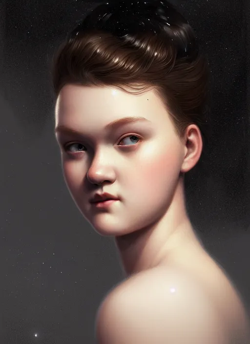 Image similar to portrait of teenage shannon purser, narrow face, black hair, half updo hairstyle, intricate, elegant, glowing lights, highly detailed, digital painting, artstation, concept art, smooth, sharp focus, illustration, art by wlop, mars ravelo and greg rutkowski