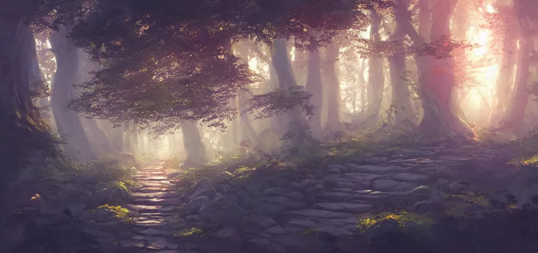 Image similar to concept art by sylvain sarrailh of a chineese temple, inside a mystic forest, a stone path, sunshafts