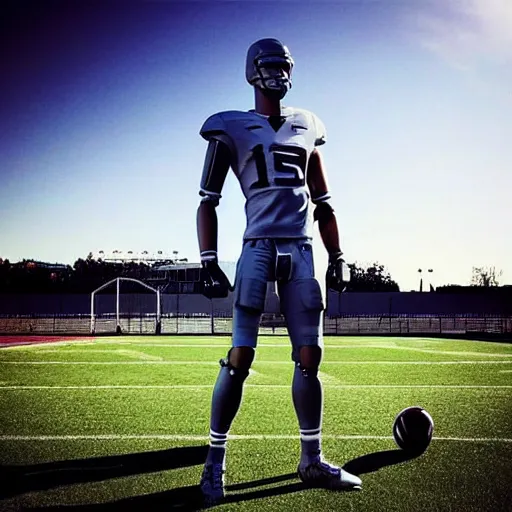 Image similar to “ a realistic detailed photo of a guy who is an attractive humanoid who is half robot and half humanoid, who is a male android, football player christian mccaffrey, shiny skin, posing like a statue, blank stare, on the field, on display ”