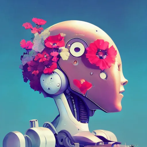 Image similar to a robot head with flowers coming out of the top, minimalist, behance hd by jesper ejsing, by rhads, makoto shinkai and lois van baarle, ilya kuvshinov, rossdraws global illumination