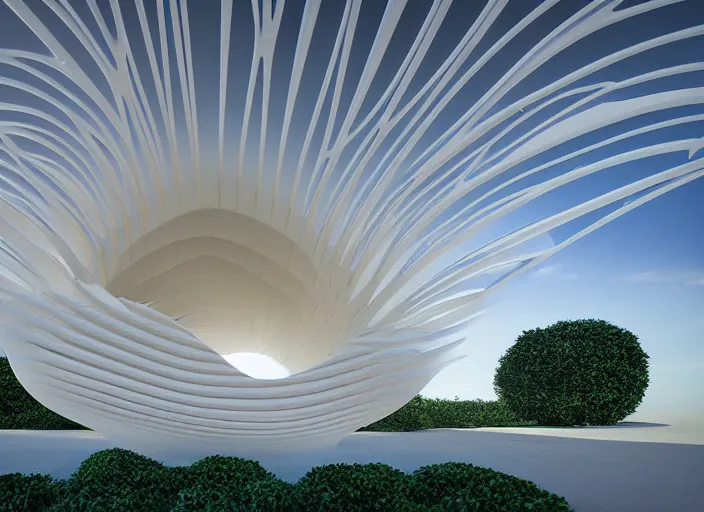 Image similar to designed by santiago calatrava ; highly detailed ultra sharp 3 d render villa interior cinematic composition of a smooth ceramic porcelain biomorphic magnolia stone nebula fluid fractal sci - fi surreal architecture