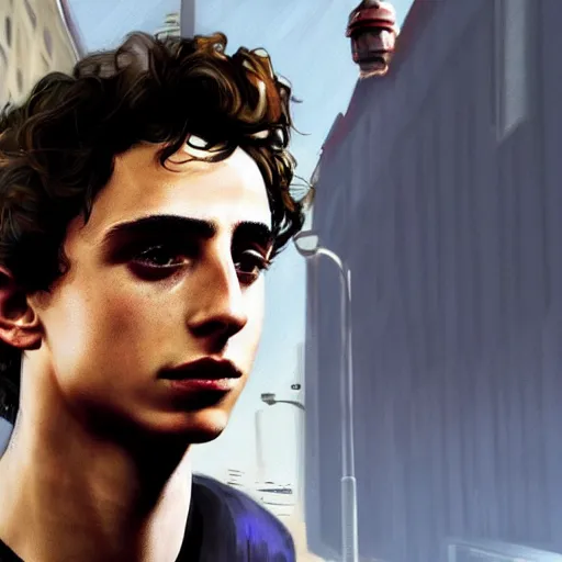 Image similar to timothee chalamet in gta v, cover art by stephen bliss, artstation, no text