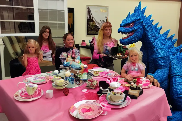 Image similar to Godzilla tea party with Barbie