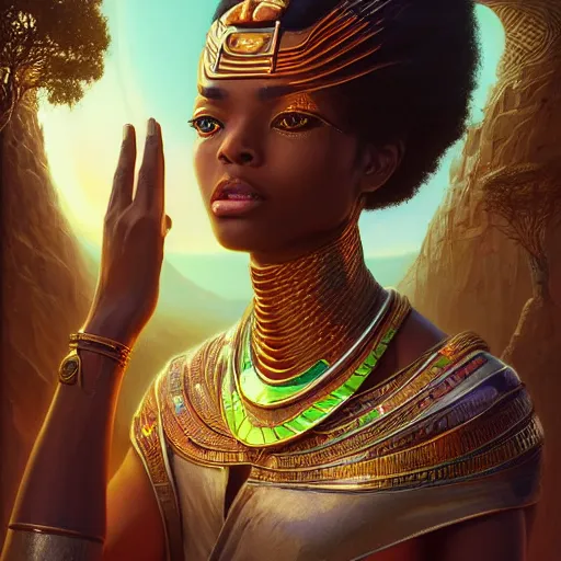 Image similar to highly detailed portrait of an african egyptian goddess achieving immortality, intricate alien technology, stephen bliss, unreal engine, fantasy art by greg rutkowski, loish, rhads, ferdinand knab, makoto shinkai and lois van baarle, ilya kuvshinov, rossdraws, tom bagshaw, global illumination, radiant light, detailed and intricate environment