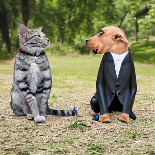 Prompt: Dog, cat and monkey in suits having business talk.