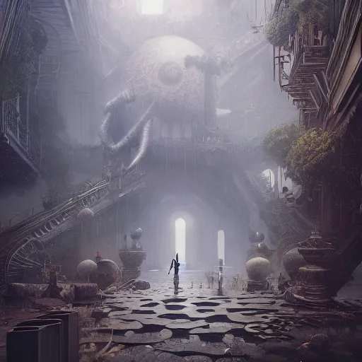 Image similar to kodak portra 8 0 0, infinitely detailed hd scenery ambience from nier automata, dream design, relief concept, majestic dream scenery smooth, sharp focus, an ultrafine detailed illustration by james jean, intricate linework, octane render, by ruan jia and nier automata detailed cybermagic atmospherics