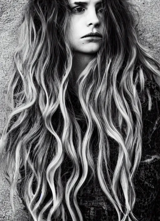 Prompt: dramatic photo of a woman with super wavy snake marble hair. moody and melanchonic.