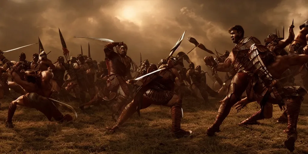 Prompt: epic battle screen of hero, film still from the movie'3 0 0'( 2 0 0 6 ), 3 d, 8 k realistic, cryengine, playstion 5 screen, cinematic lighting