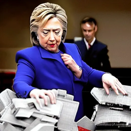 Image similar to a candid photo of hillary clinton as she desperately tries, unsuccessfully, to shred a large stack of laptops.