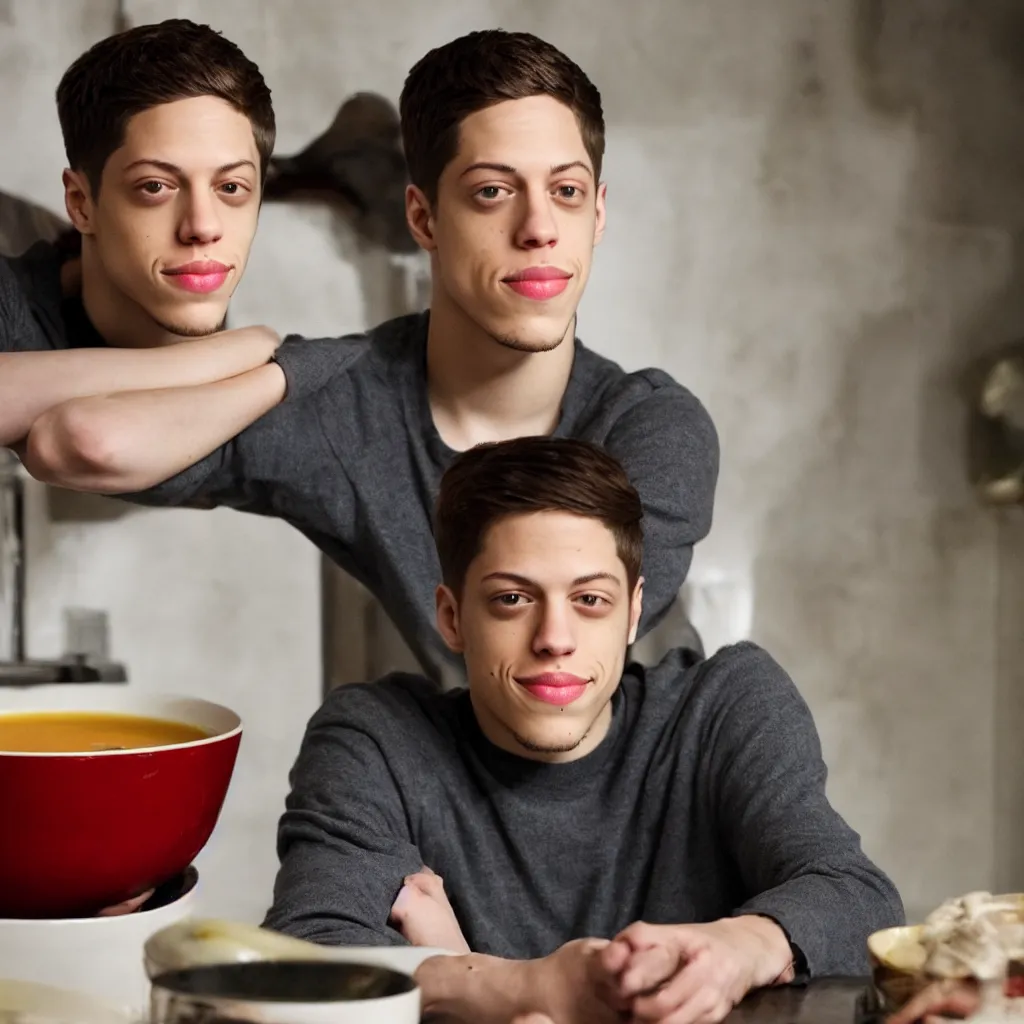 Prompt: pete davidson sitting in a bowl of nice broth soup