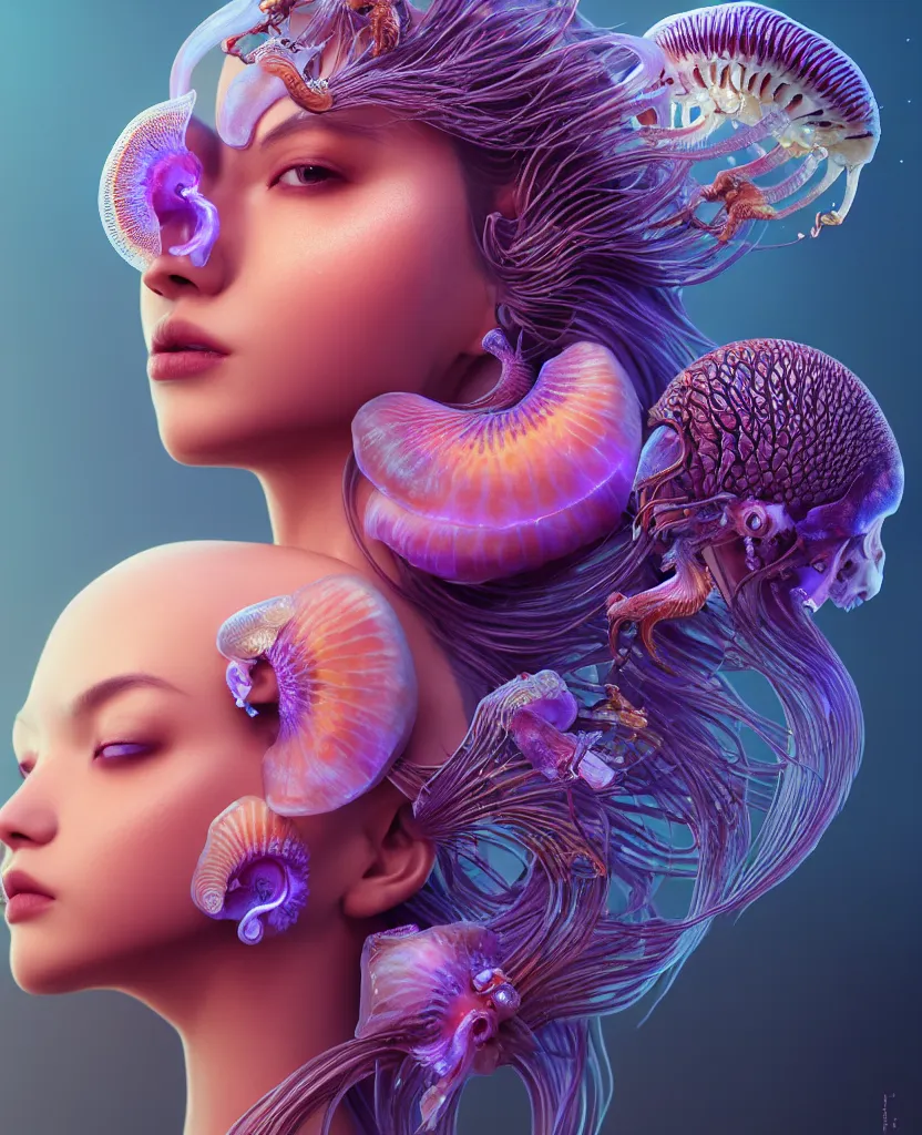 Image similar to goddess princess beautiful woman face close-up portrait ram skull. jellyfish phoenix head, nautilus, orchid, skull, betta fish, bioluminiscent creatures, intricate artwork by Tooth Wu and wlop and beeple. octane render, trending on artstation, greg rutkowski very coherent symmetrical artwork. cinematic, hyper realism, high detail, octane render, 8k