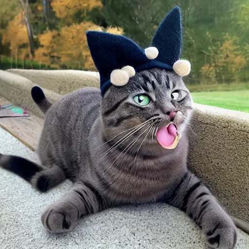 Prompt: cat photo, wearing wool hat, tongue mlem, cat ears