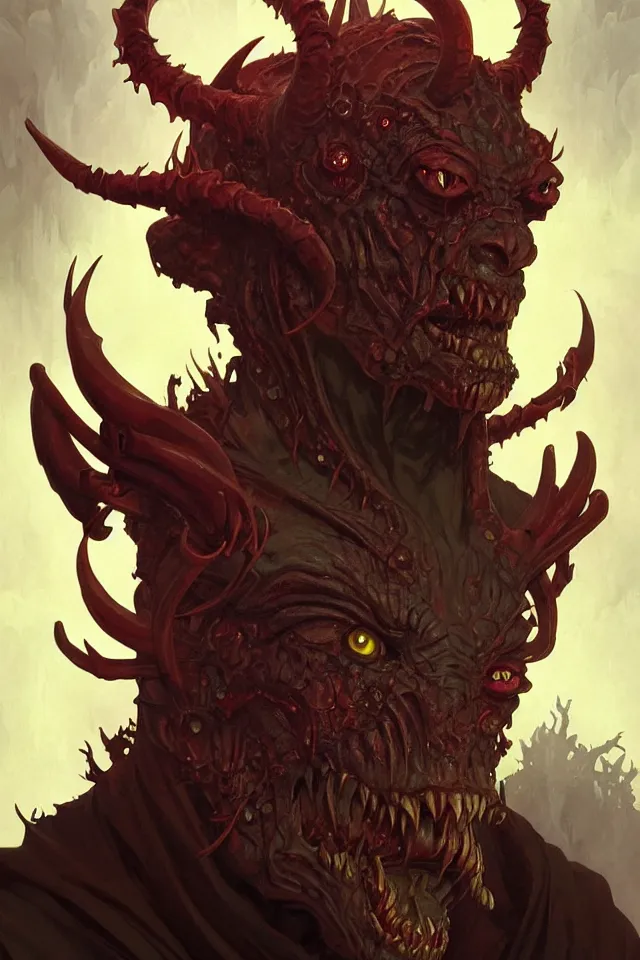 Image similar to portrait of a corrupted demonic fiend, looking at camera, d & d, savage monster, intricate, fantasy, extremely detailed, digital painting, artstation, concept art, smooth, sharp focus, illustration, ambient lighting, art by artgerm and greg rutkowski and alphonse mucha and simon stalenhag