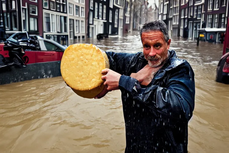 Image similar to closeup potrait of a man carrying a wheel of cheese over his head in a flood in Amsterdam, photograph, natural light, sharp, detailed face, magazine, press, photo, Steve McCurry, David Lazar, Canon, Nikon, focus