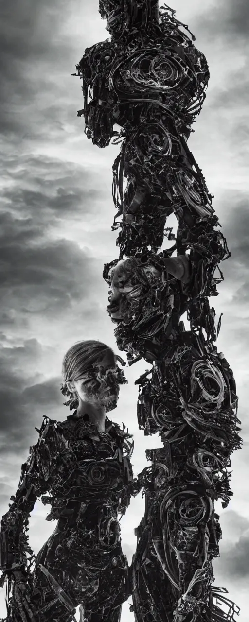 Prompt: Emma Watson fractal armour twinned conjoined sisters action poses dishevelled photorealistic portrait grimy sweating wet face dirty t-shirt and torn jeans in broken biomechanical fractal armour abandoned exploding sci-fi gas station, dark and dim atmospheric smog trending on artstation 8k matte painting, dramatic lighting, dramatic shadows professional photograph by Lee Miller