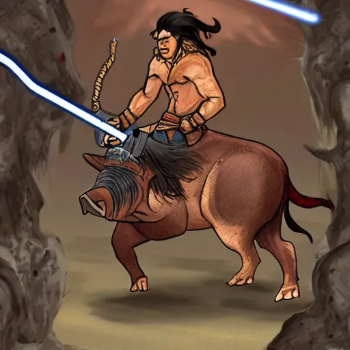 Image similar to mongolian dnd barbarian riding a boar with a lightsaber