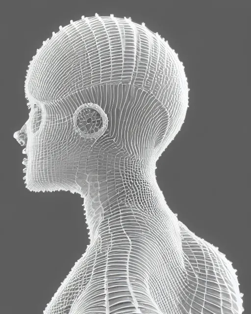 Image similar to mythical dreamy black and white organic translucent bio-mechanical spinal ribbed profile face portrait detail of icy mechanical beautiful female angelic-snow-cyborg, highly detailed, intricate crystal steampunk ornate, poetic, 3D render, digital art, octane render, 8K artistic photography, photo-realistic, by Dora Maar