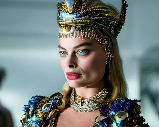 Image similar to Margot robbie as a goddess in heaven, Photography, Cinematic, Portrait, insanely detailed and intricate, hypermaximalist, elegant, ornate, hyper realistic, super detailed