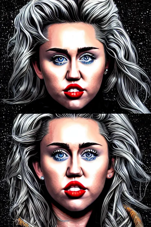 Prompt: a portrait of sexy miley cyrus with long hair, drawn by robbie trevino, rembrandt and dan mumford, poster, digital art, comic art, concept art,, single head, no double head,