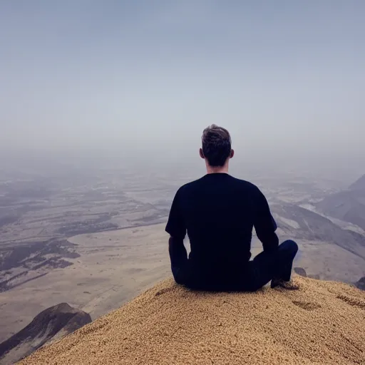 Image similar to man sitting on top peak mountain cliff looking at huge sand tornado